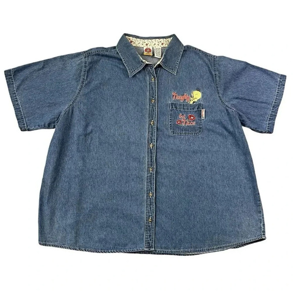 Vintage Looney Tunes Denim Jean Shirt Tweety Bird Naughty But Nice Size 26W/28W - Picture 1 of 6